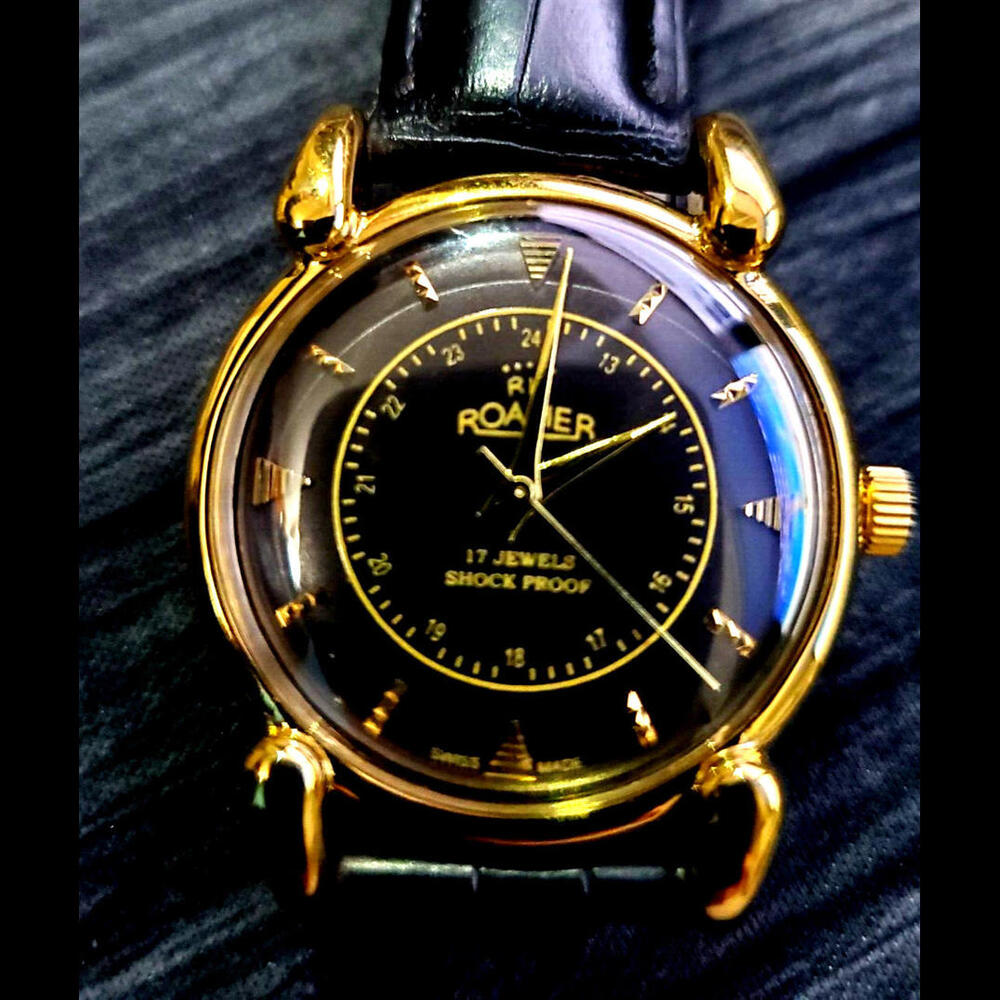 Rare Manual Roamer Brevete Swiss Mens‎ Watch Gld Blk Blk